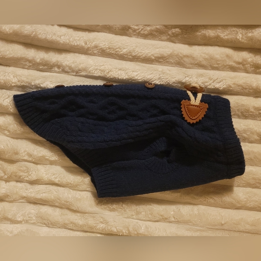 Navy Blue Cable Knit Dog Sweater With Faux Lender Straps And Brown Buttons, Med - Picture 2 of 5